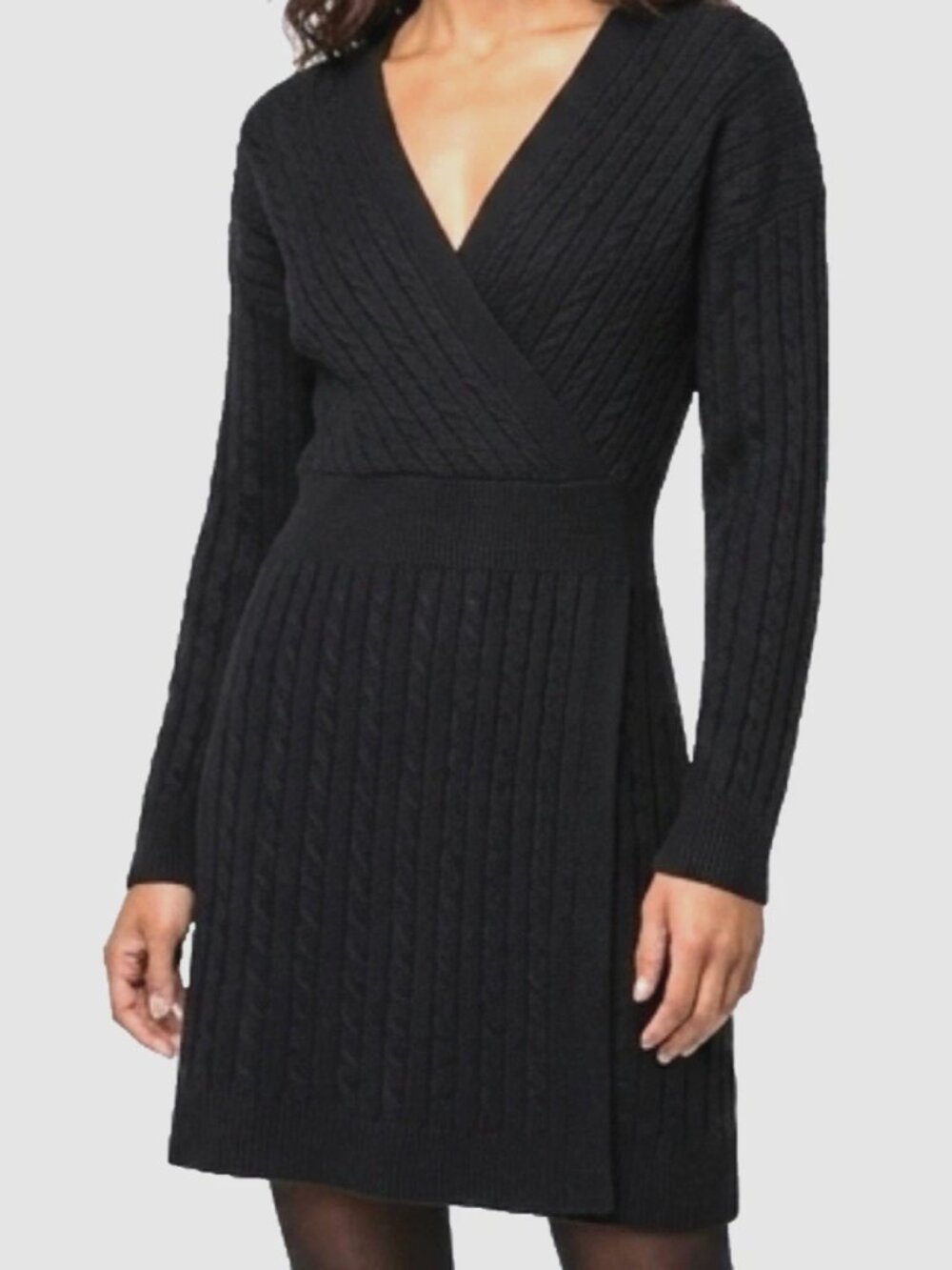 Lucky Brand Cable Knit V-Neck Long Sleeve Dress in Black , Size M NWT